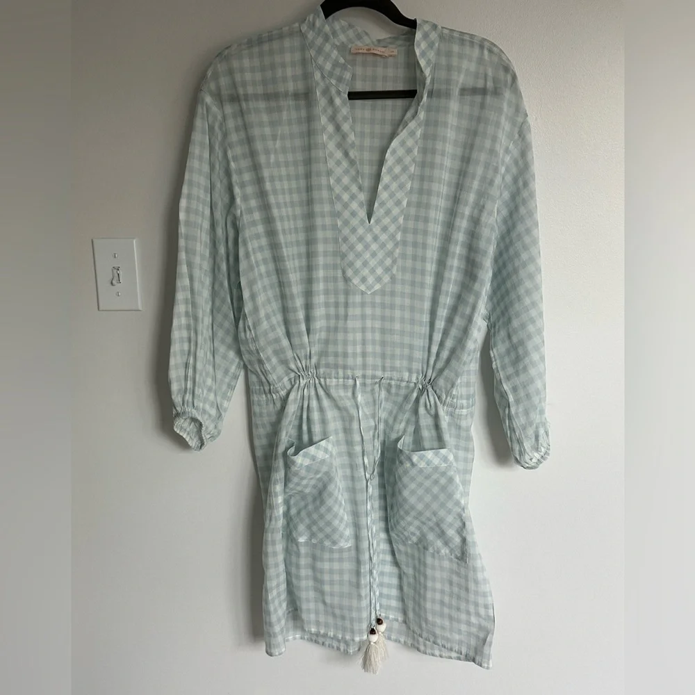 Tory Burch Light Blue & White Gingham Long Sleeve Drawstring Dress